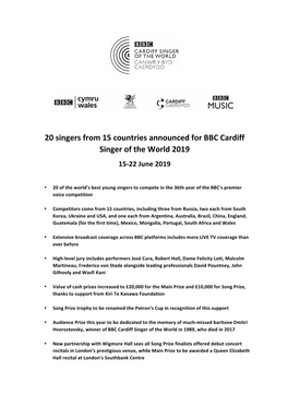 20 Singers from 15 Countries Announced for BBC Cardiff Singer of the World 2019 15-22 June 2019