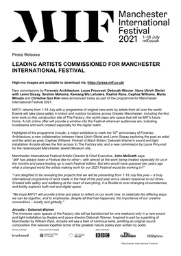 Leading Artists Commissioned for Manchester International Festival