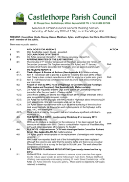 Minutes of a Parish Council General Meeting Held on Monday 4Th February 2019 at 7.30 P.M