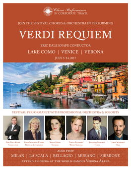 Verdi Requiem Eric Dale Knapp, Conductor Lake Como | Venice | Verona July 5-14, 2017