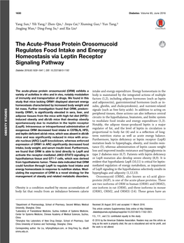 The Acute-Phase Protein Orosomucoid Regulates Food Intake and Energy Homeostasis Via Leptin Receptor Signaling Pathway