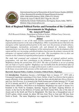 Role of Regional Political Parties and Formation of the Coalition Governments in Meghalaya Mr