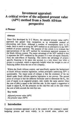 Investment Appraisal: a Critical Review of the Adjusted Present Value (APV) Method from a South African Perspective