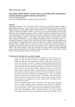 The Family Models Held by Social Workers and Family Policy Programmes: Critical Remarks on Gender and Class Perspectives Prof