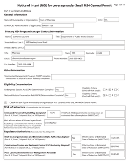 (NOI) for Coverage Under Small MS4 General Permit for Mashpee, MA