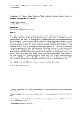 Experience of Primary School Teachers with Inclusion Students in the Context of Teaching Mathematics: a Case Study*