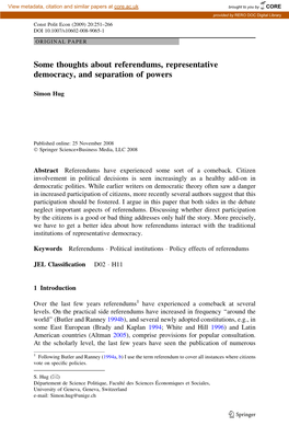 Some Thoughts About Referendums, Representative Democracy, and Separation of Powers