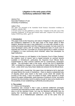 Litigation in the Early Years of the Canterbury Settlement 1852-1861