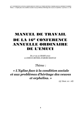 MANUEL DE TRAVAIL DE LA 16E CONFERENCE ANNUELLE ORDINAIRE DE L’EMUCI