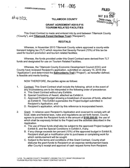 MAY 25 ~ TILLAMOOK COUNTY TASSI O'neil (H J ­ Counry CLER'f\J GRANT AGREEMENT #2015-F15 TOURISM RELATED FACILITIES