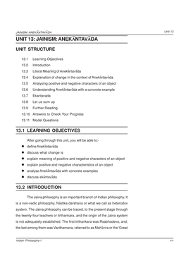 JAINISM: ANEKËNTAVËDA Unit 13 UNIT 13: JAINISM: ANEKËNTAVËDA UNIT STRUCTURE