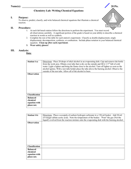 20 Pts. Chemistry Lab: Writing Chemical Equations I