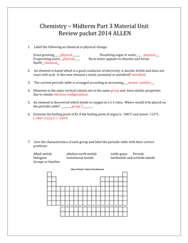 Chemistry – Midterm Part 3 Material Unit Review Packet 2014 ALLEN