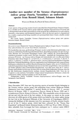 Another New Member of the Varanus (Euprepiosaurus) Indicus Group (Sauria, Varanidae): an Undescribed Species from Rennen Island, Solomon Islands