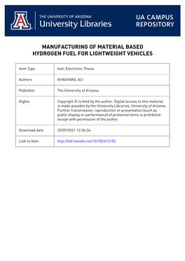 1- MANUFACTURING of MATERIAL BASED HYDROGEN FUEL for LIGHTWEIGHT VEHICLES by ALI KHAGHANI a Thesis