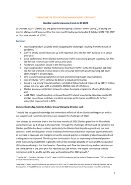 Glanbia Reports Improving Trends in Q3 2020