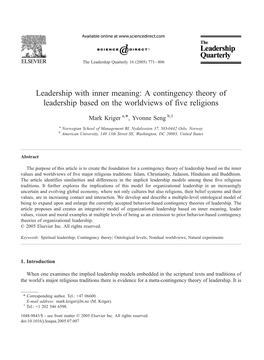 A Contingency Theory of Leadership Based on the Worldviews of Five Religions