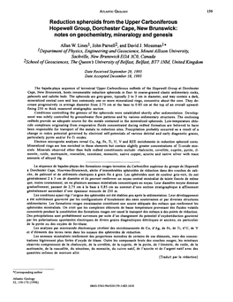 Reduction Spheroids from the Upper Carboniferous Hopewell Group, Dorchester Cape, New Brunswick: Notes on Geochemistry, Mineralogy and Genesis