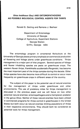 Orius Insidiosus (Say) and ENTOMOPATHOGENS AS POSSIBLE BIOLOGICAL CONTROL AGENTS for THRIPS