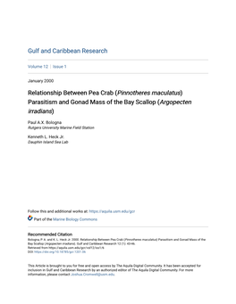 Relationship Between Pea Crab (Pinnotheres Maculatus) Parasitism and Gonad Mass of the Bay Scallop (Argopecten Irradians)