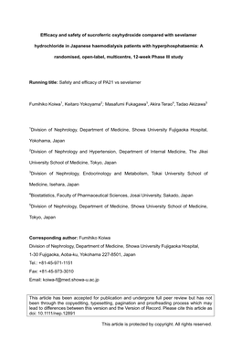 Efficacy and Safety of Sucroferric Oxyhydroxide Compared with Sevelamer