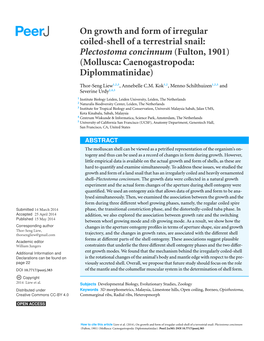 On Growth and Form of Irregular Coiled-Shell of a Terrestrial Snail: Plectostoma Concinnum (Fulton, 1901) (Mollusca: Caenogastropoda: Diplommatinidae)