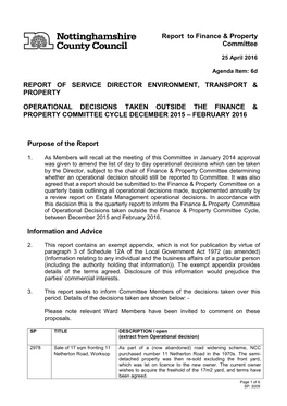 Operational Decisions Taken Outside the Finance & Property Committee Cycle December 2015 – February 2016