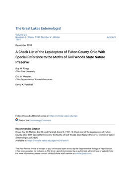 A Check List of the Lepidoptera of Fulton County, Ohio with Special Reference to the Moths of Goll Woods State Nature Preserve