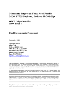 Monsanto Improved Fatty Acid Profile MON 87705 Soybean, Petition 09-201-01P