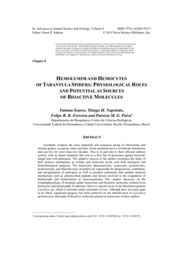 Hemolymph and Hemocytes of Tarantula Spiders: Physiological Roles and Potential As Sources of Bioactive Molecules