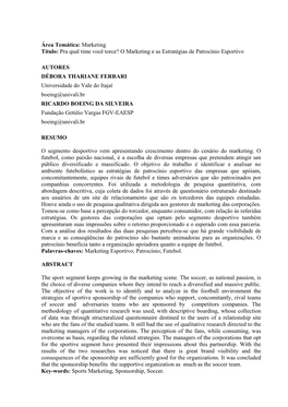 Pra Qual Time Você Torce? O Marketing E As Estratégias De Patrocínio Esportivo AUTORES