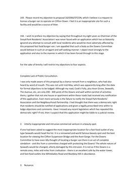 143. Please Record My Objection to Proposal 16/0366/STCON, Which I Believe Is a Request to License a Burger Van to Operate on Clifton Down