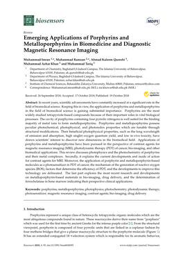 Emerging Applications of Porphyrins and Metalloporphyrins in Biomedicine and Diagnostic Magnetic Resonance Imaging
