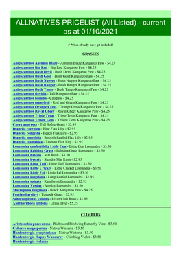 ALLNATIVES PRICELIST (All Listed) - Current As at 01/10/2021