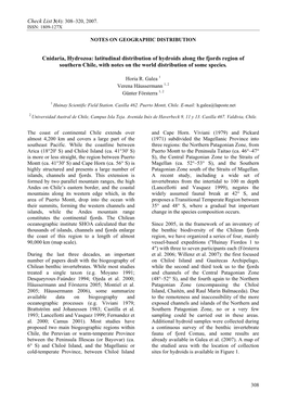 Cnidaria, Hydrozoa: Latitudinal Distribution of Hydroids Along the Fjords Region of Southern Chile, with Notes on the World Distribution of Some Species