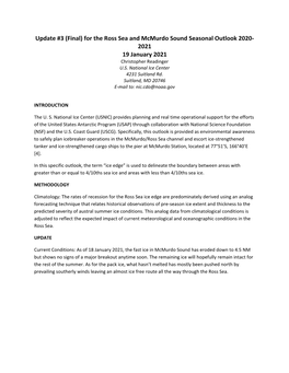 For the Ross Sea and Mcmurdo Sound Seasonal Outlook 2020- 2021 19 January 2021 Christopher Readinger U.S