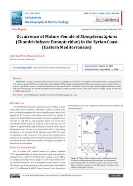 Occurrence of Mature Female of Etmopterus Spinax (Chondrichthyes: Etmopteridae) in the Syrian Coast (Eastern Mediterranean)