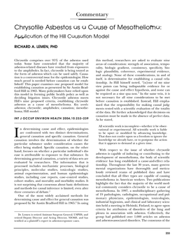 Chrysotile Asbestos As a Cause of Mesothelioma: Application of the Hill Causation Model