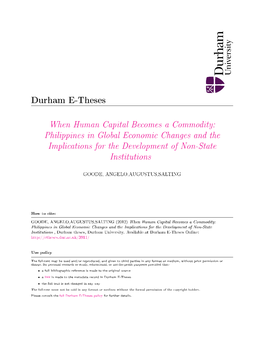 When Human Capital Becomes a Commodity: Philippines in Global Economic Changes and the Implications for the Development of Non-State Institutions