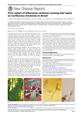 First Report of Alternaria Carthami Causing Leaf Spots on Carthamus Tinctorius in Brazil