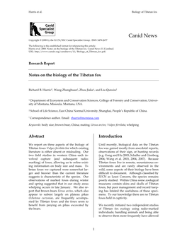 Notes on the Biology of the Tibetan Fox (Vulpes Ferrilata)