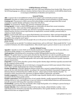 LGBTQ Glossary of Terms Adapted from the Human Rights Campaign, July 2016, with Some Definitions from Gender Wiki