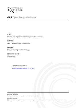 The Evolution of Parental Care Strategies in Subsocial Wasps
