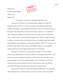 Sevy 1 Monique Sevy Professor Julianne Sandlin AH 205 11035 8 March 2012 the Augustus of Primaporta: a Message of Imperial Divin