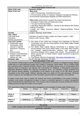 1 PETUS Description of Tool in Use Name of the Case Gowerton Outfall Name of the Tool Main Tools