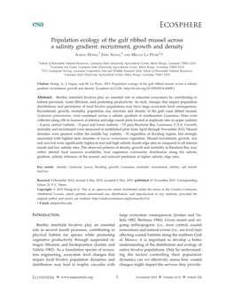 Population Ecology of the Gulf Ribbed Mussel Across a Salinity Gradient: Recruitment, Growth and Density 1 2 3, AARON HONIG, JOHN SUPAN, and MEGAN LA PEYRE