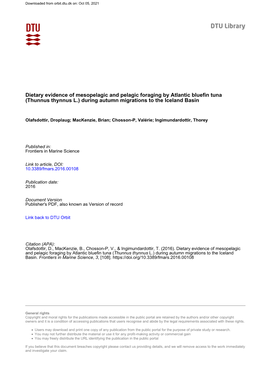 Dietary Evidence of Mesopelagic and Pelagic Foraging by Atlantic Bluefin Tuna (Thunnus Thynnus L.) During Autumn Migrations to the Iceland Basin