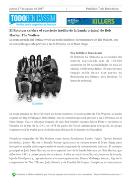 El Rototom Celebra El Concierto Inédito De La Banda Original De Bob