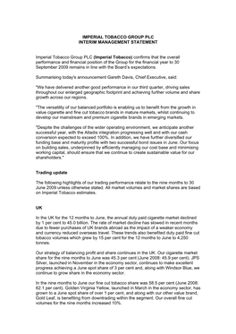 Imperial Tobacco Group Plc Interim Management Statement