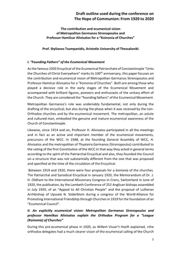 The Contribution and Ecumenical Vision of Metropolitan Germanos Strenopoulos and Professor Hamilcar Alivisatos for a “Koinonia of Churches”